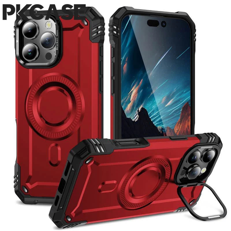 PKCASE Military Shockproof Bracket Case For iPhone 16 15 14 Plus Pro Max For Magsafe Magnetic Armor Cover