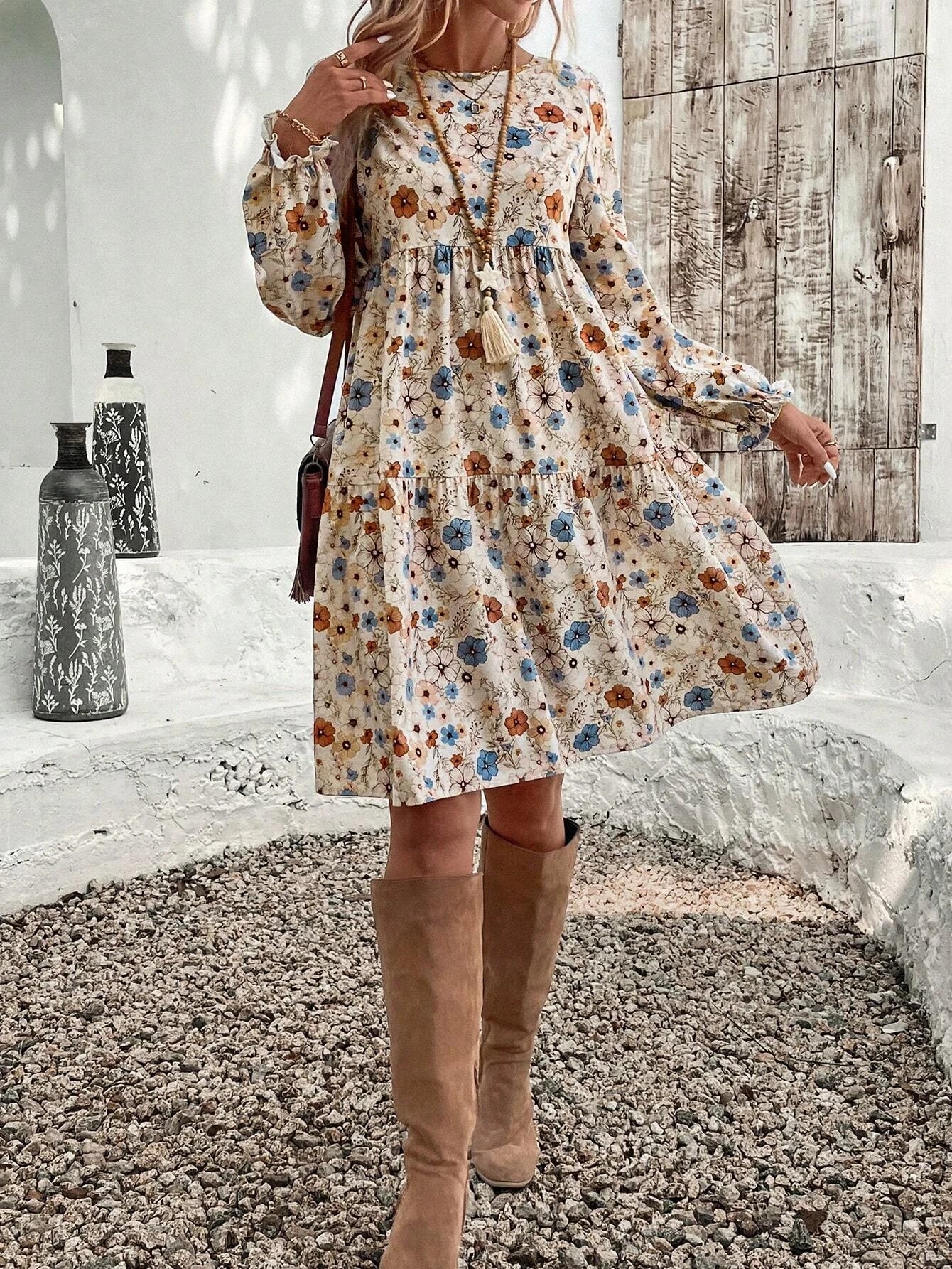 Women's Floral Print Tie Neck Flounce Sleeve Dress, Elegant Fashion Casual Dress for Daily Outdoor Wear, Women Dress for Spring