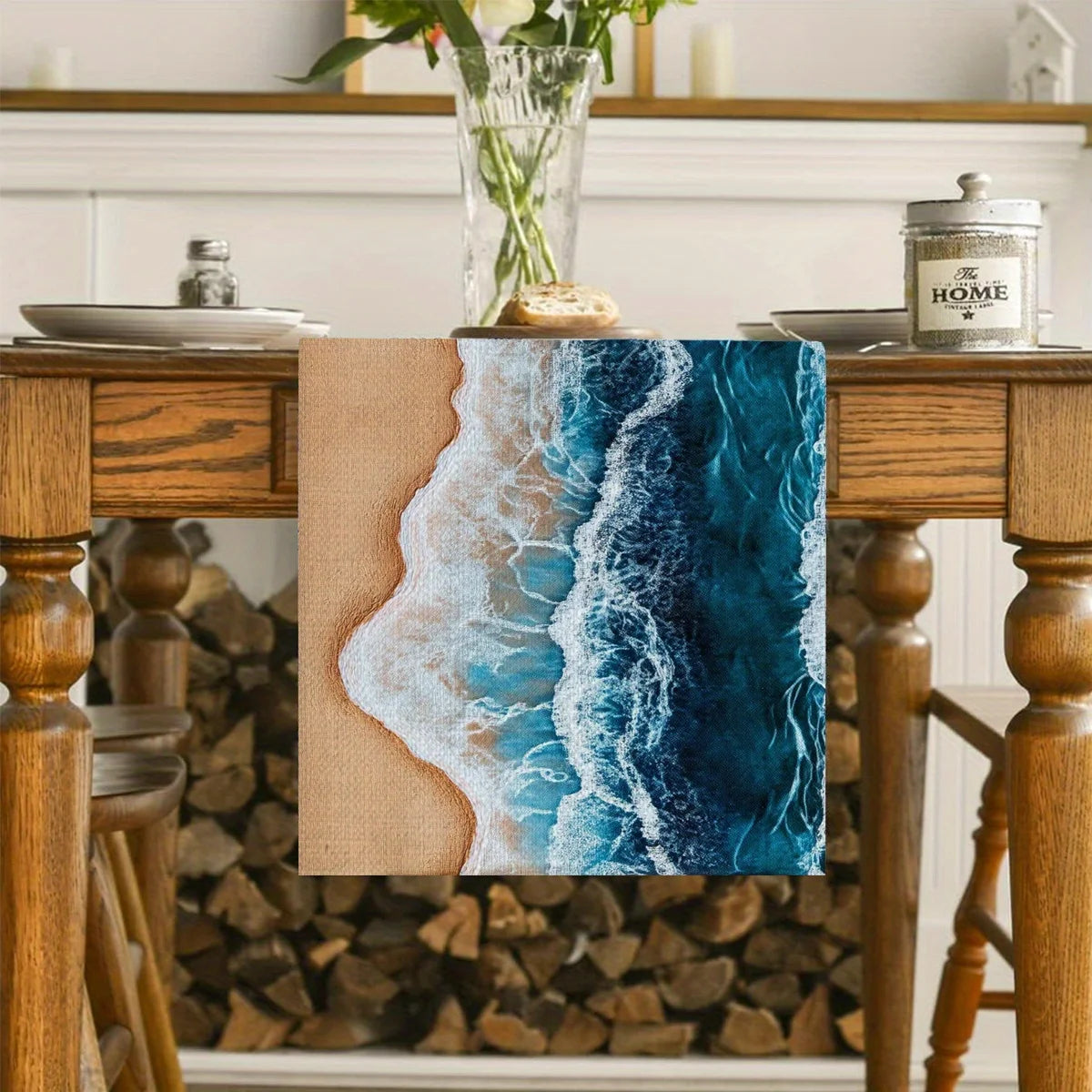1 Piece Beach Theme Table Runner with Waves and Beach Patterns - Suitable for Home Decoration, Beach Party, Summer Party and Tropical Style Activities