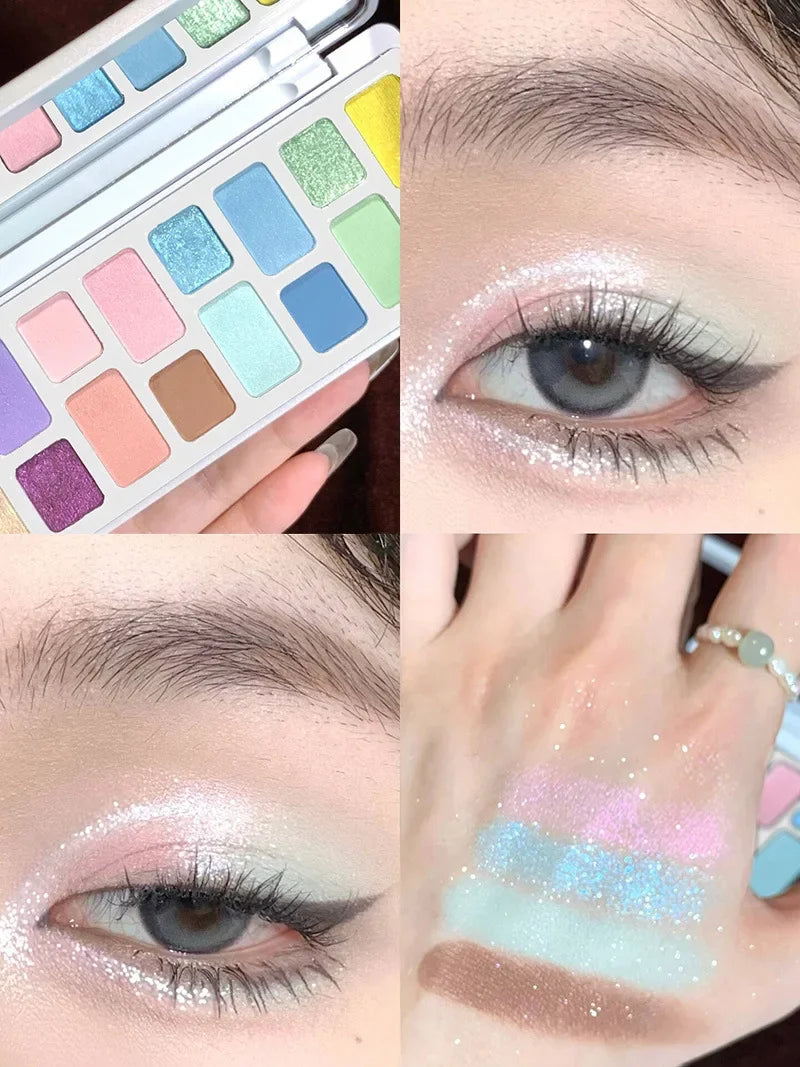 16 Color Green Pearl Eyeshadow Palette Waterproof Long-Lasting Diamond Shimmer Sparkling Crystal Eye Makeup for Cosplay CO:02