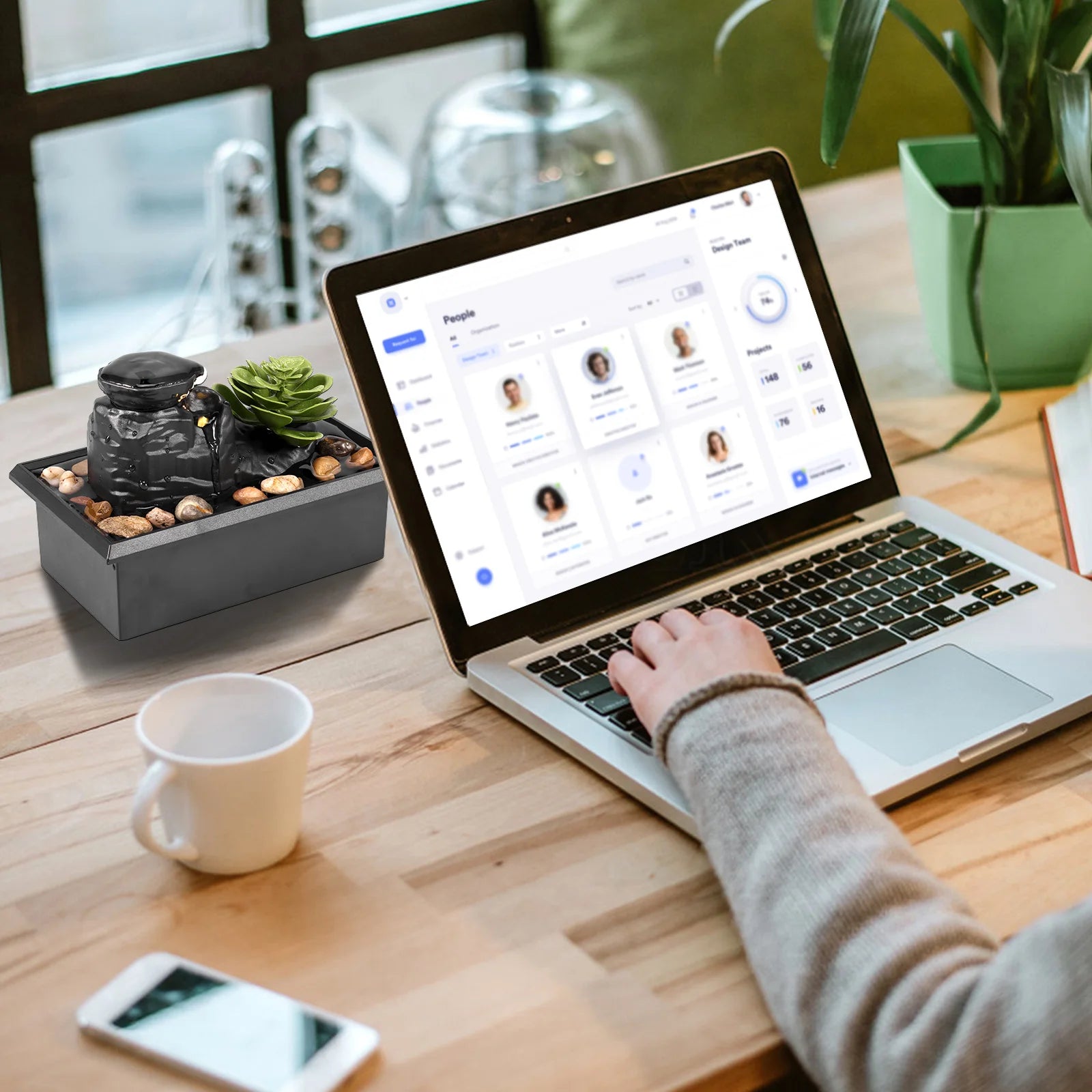 Tabletop Fountain with Light Battery/USB Operated Mini Desktop Waterfall Decoration Creative Flowing Water Fountain Ornaments