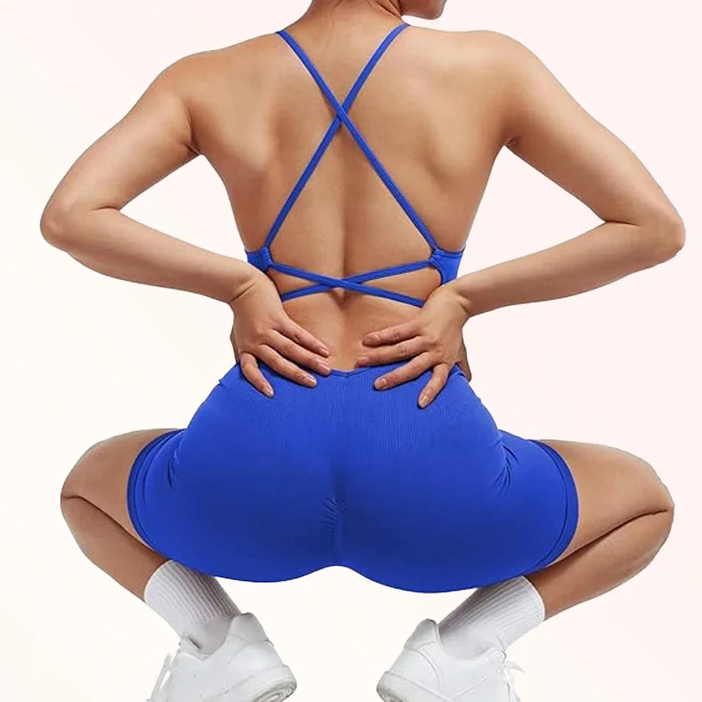 Yoga Sxy Criss Cross Backless Cami Sports Romper,Women's Jumpsuits Ribbed One Piece Workout Sleeveless Rompers Tank Top Shorts