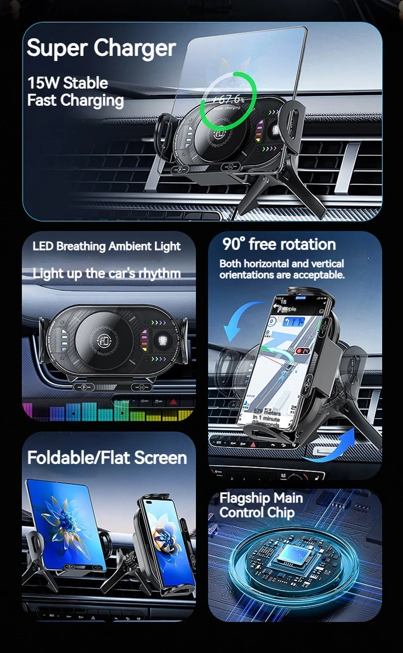 15W Universal Car Phone Wireless Charger Holder 90° Rotation Mount for Samsung Galaxy Fold 6 5 4 3 Z Flip S25 S24 Iphone 17 16