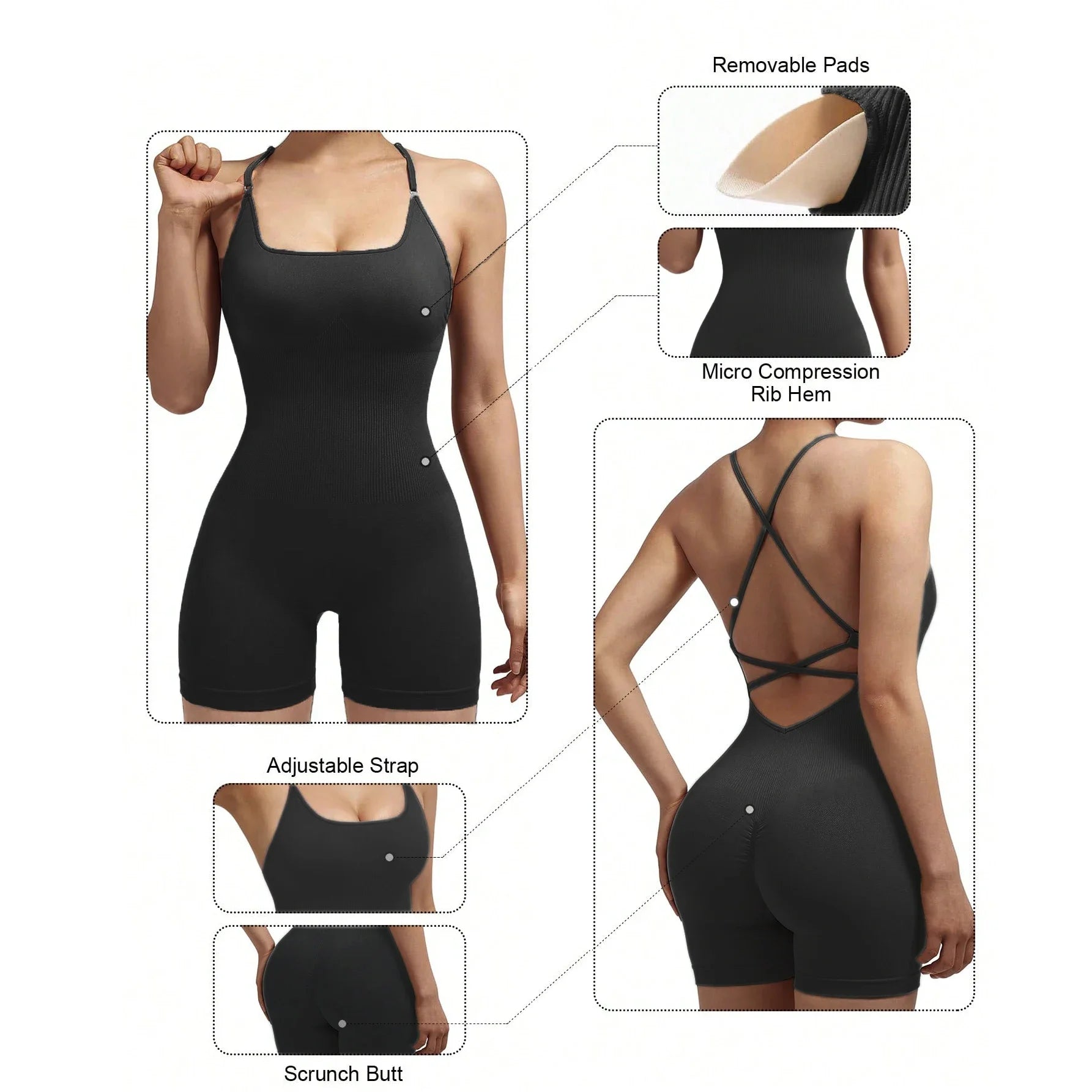 Yoga Sxy Criss Cross Backless Cami Sports Romper,Women's Jumpsuits Ribbed One Piece Workout Sleeveless Rompers Tank Top Shorts