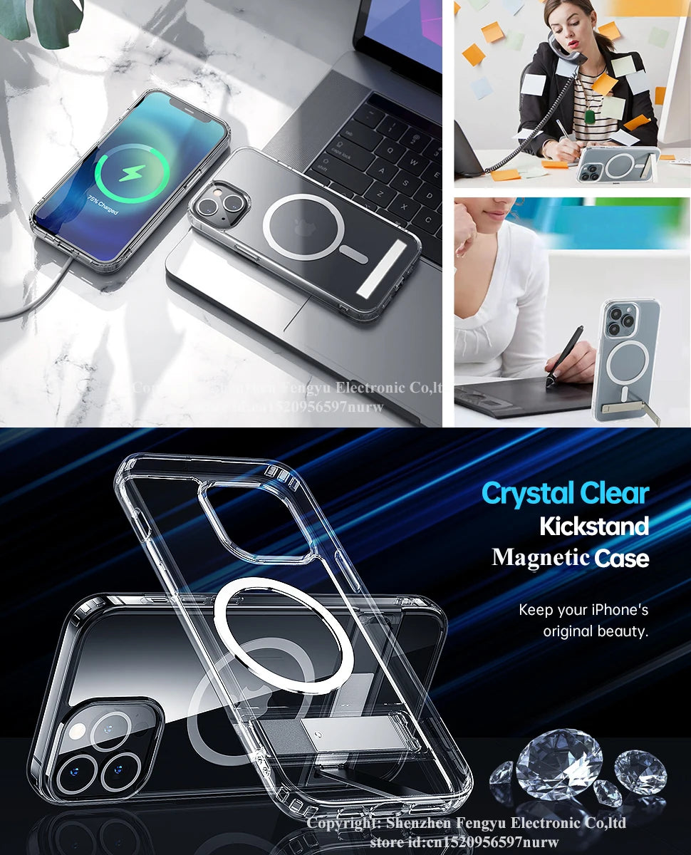 Magnetic Stand Phone Case for iPhone 16 15 14 Pro Max Plus 12 13 Mini 11 Mobile Cases with Kickstand Shockproof Slim Back Cover