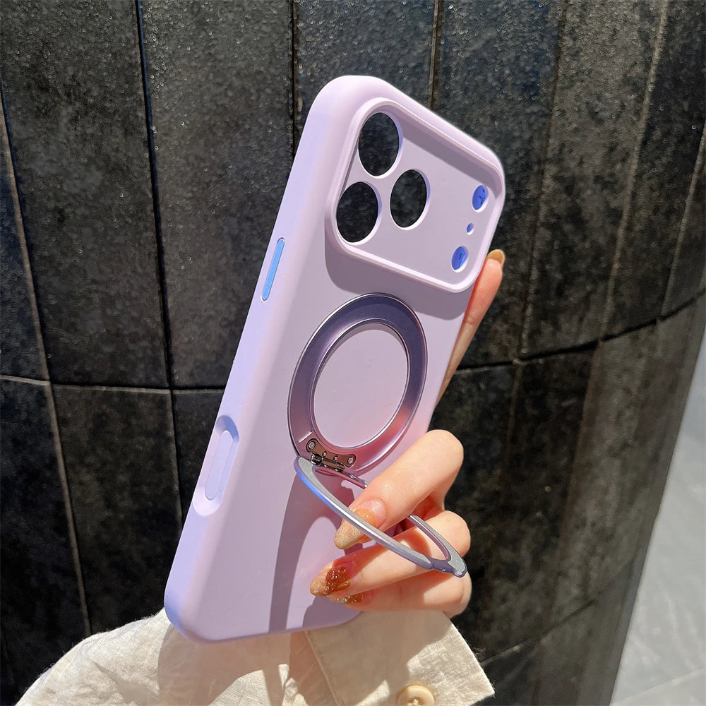 Simple INS Candy Color Liquid Silicone Case For IPhone 17Pro Max Air 16 15 14 Magnetic Rotable Bracket Lens Full-pack Back Cover