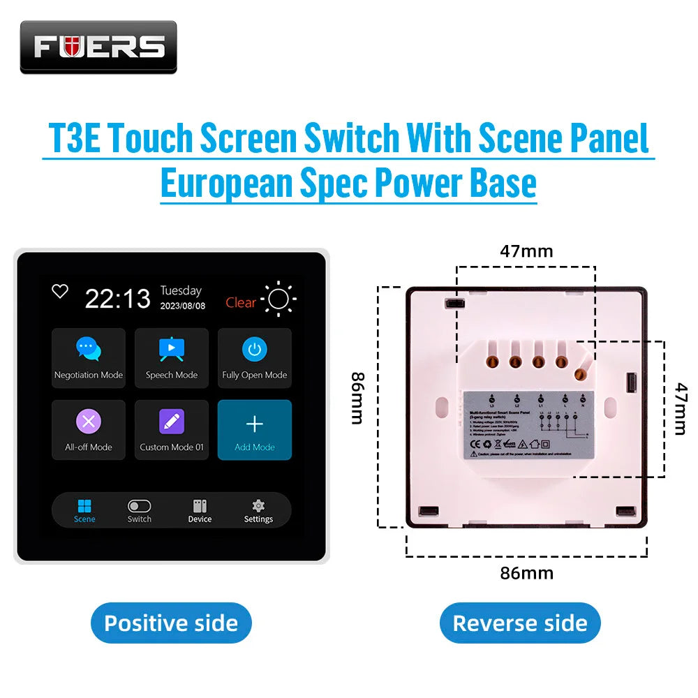 FUERS 4 Inch Touch Screen Multi-functional Smart Wall Switch T3E Switch Scene Panel Intelligent Home Touch Screen Zigbee