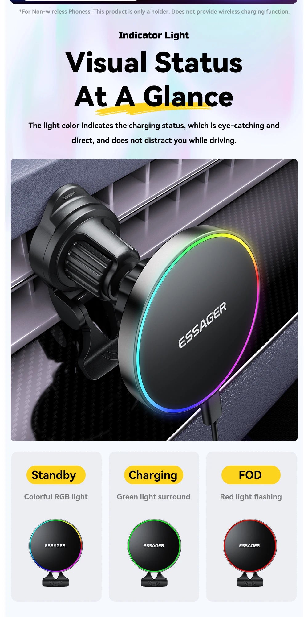 Essager RGB Magnetic Car Phone Holder Qi 15W Wireless Charger For iPhone16 15 14 13 Pro for Magsafe Universal Phone Holder Stand