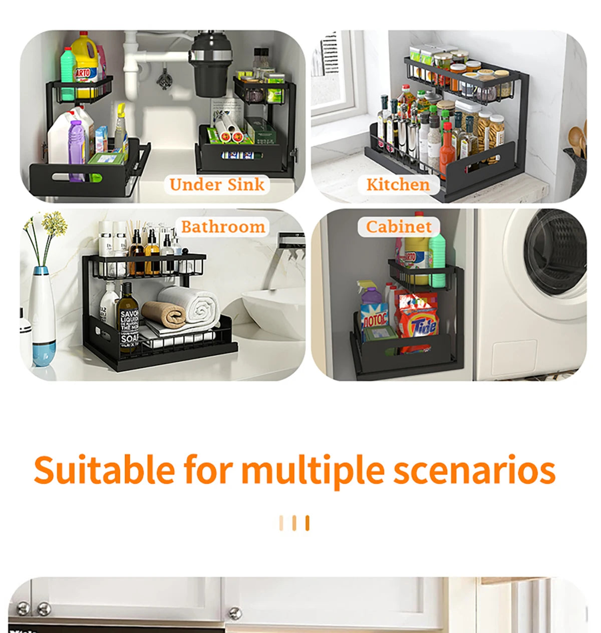 Carbon Steel Kitchen Shelf Double Space Saving Shelves Pull-out Design Countertop/Under Cabinet Dual Use