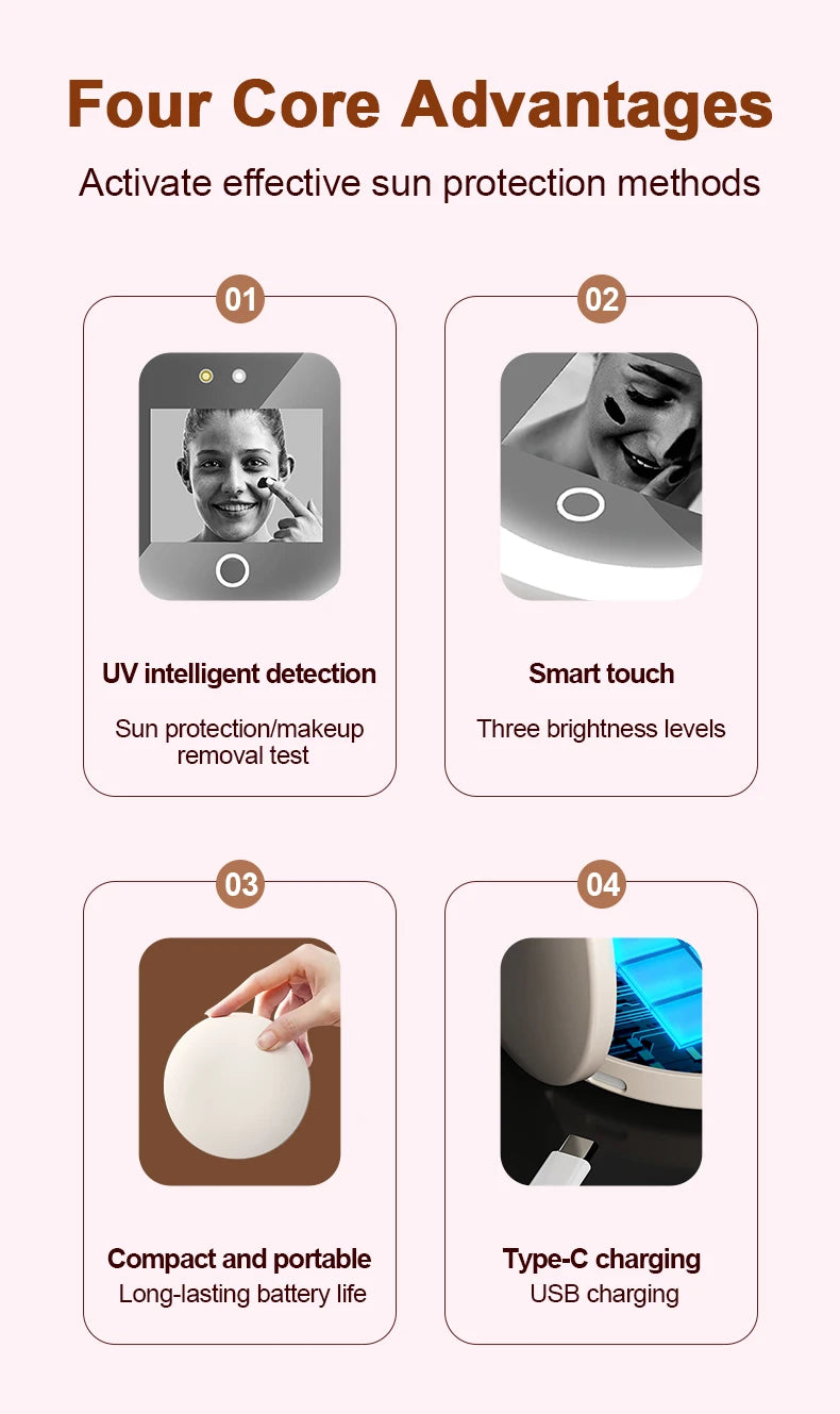 Intelligent UV Resistant Makeup Mirror Portable 2.4-Inch Handheld LED Makeup Mirror Suitable For Travel Sunscreen Makeup Mirrors