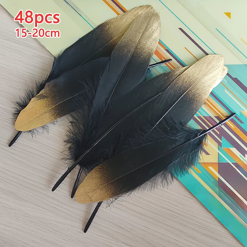 48pcs Long Big Feathers For Crafts Black With Gold Tips Bulk Hats Decoration Plumas Vases Carnival Bus Flower Goose Trim 15-20cm