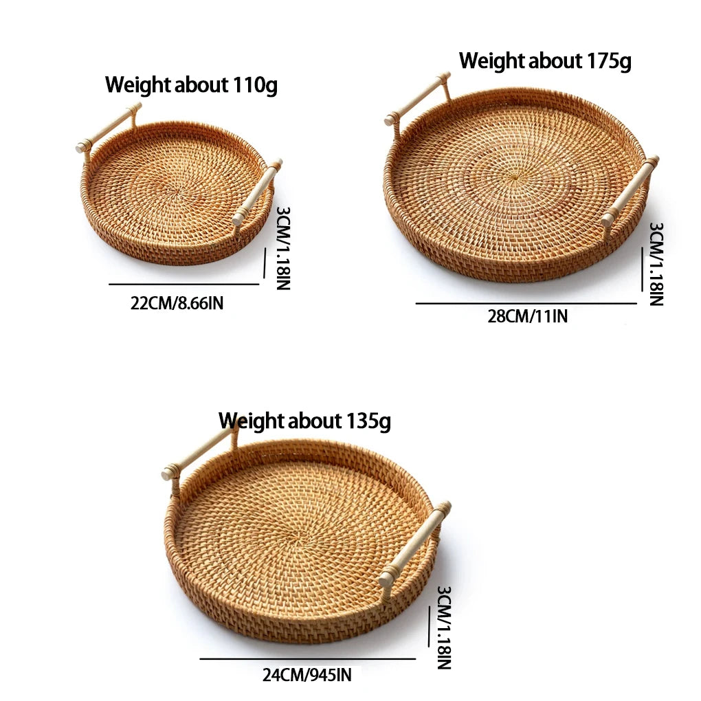 1PC Woven Rattan Storage Basket with Strap Handle round Tray for Bread Snacks Fruits Picnic - Home Organization Basket