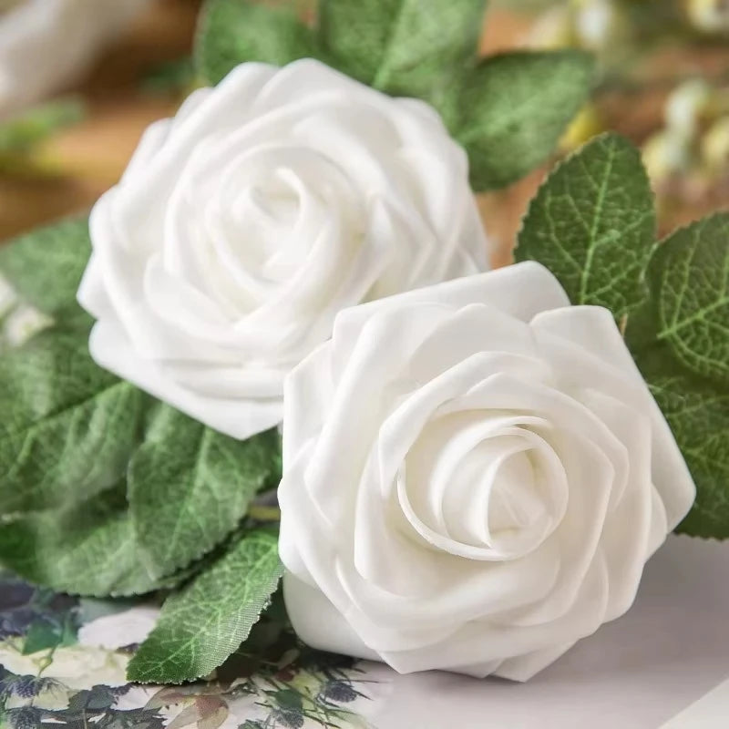 50/5Pcs Artificial Roses Flowers Foam Fake Rose Heads With Stems For DIY Wedding Bouquets Home Party Tables Decorations Supplies
