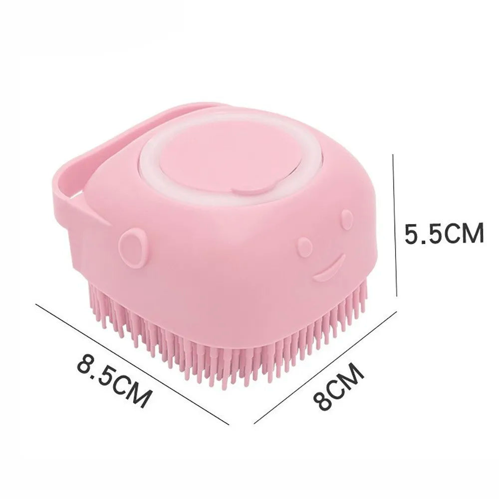 Silicone Soft Rubber Pet Massage Shower Brush with Builtin Shampoo Storage Self Cleaning Detangling for Dogs Cats Grooming Brush