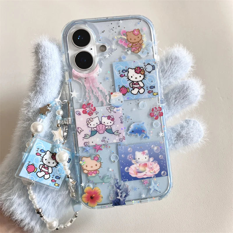 Korean Blue Ocean Hello Kitty Pattern Beach Phone Case For iPhone 11 12 13 14 15 16 Pro Max XS XR X 7 8 Plus Silicone Soft Cover