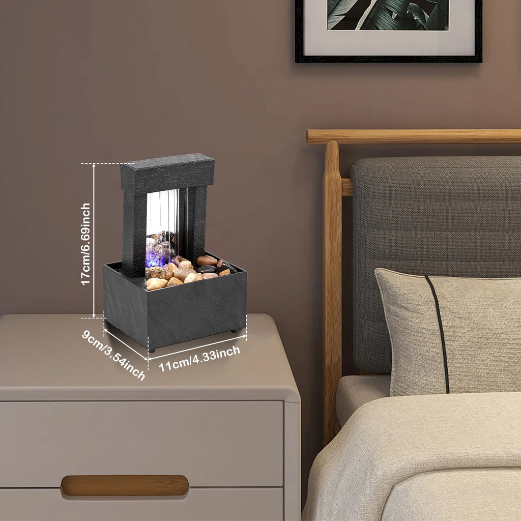 Tabletop Fountain with Light Battery/USB Operated Mini Desktop Waterfall Decoration Creative Flowing Water Fountain Ornaments