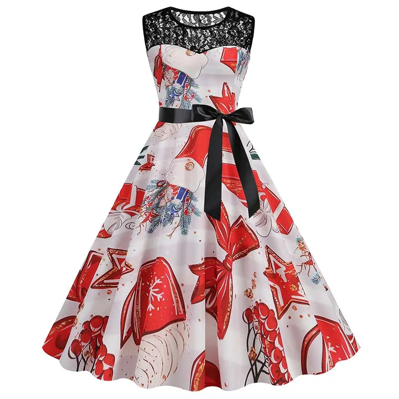 Christmas Dress Women Vintage 50s Lace Sleeveless Print Party A Line Santa Claus Sundress Runway Midi Pinup Flare Dresses
