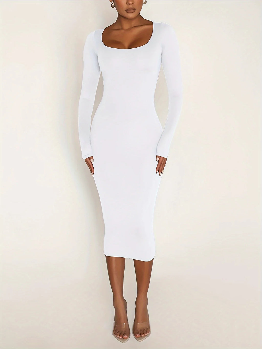 Womens Long Sleeve U-Neck Party Bodycon Midi Jumper Dress Stretch Winter Dresses