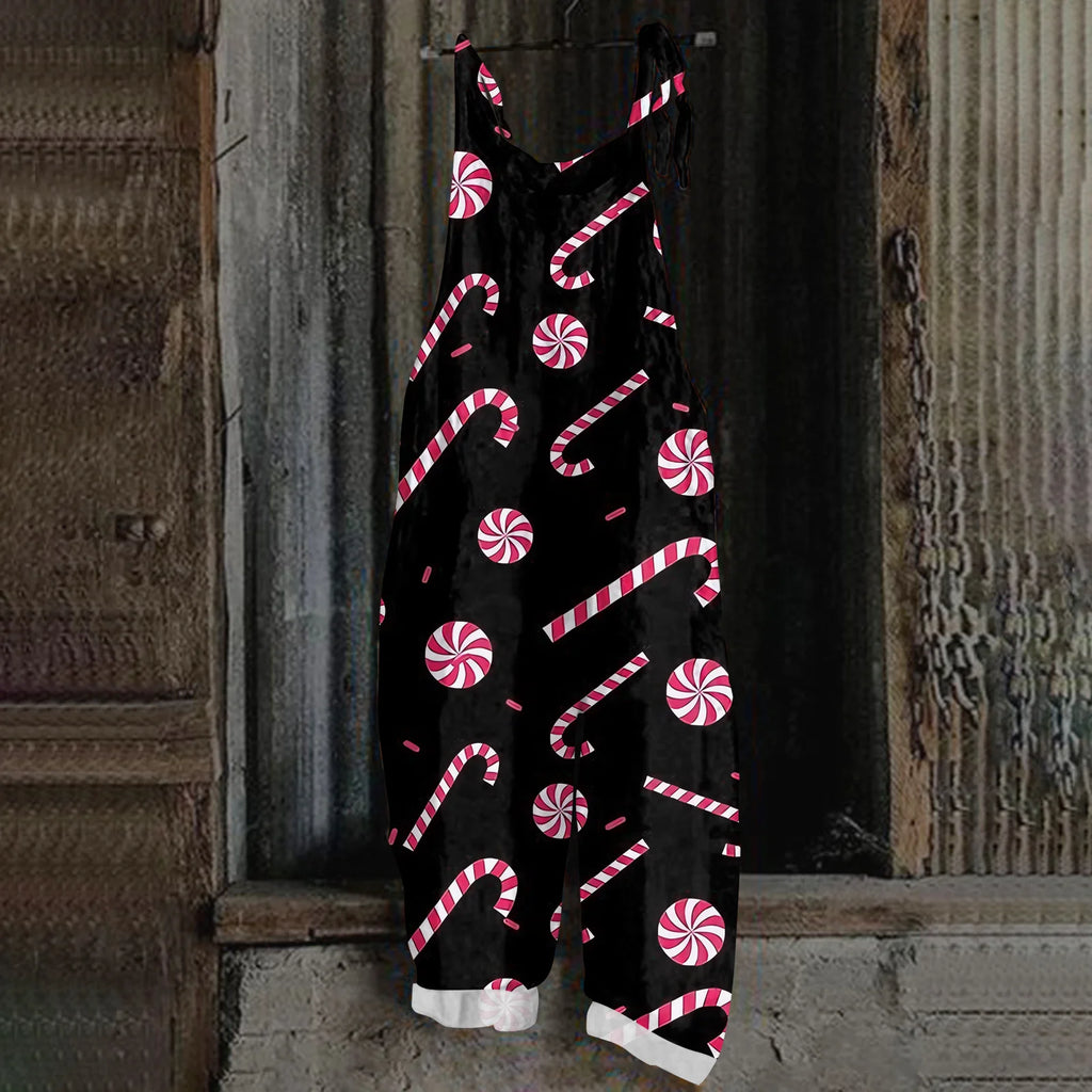 2025 Women's Fashion Christmas Printed Casual Loose Vintage Strappy Jumpsuit Retro Festival Pants New Year Themed Clothing