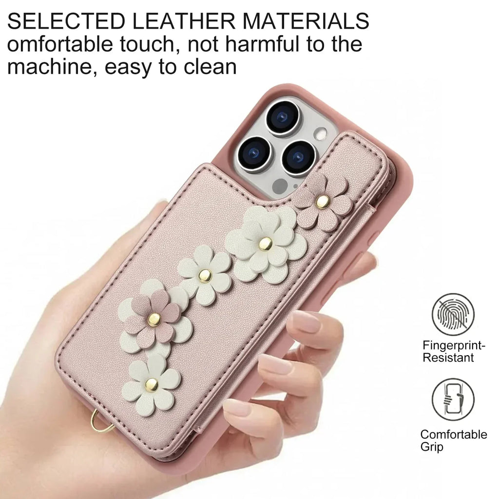For iPhone 16 15 14 Pro Max Plus Case, Wallet with Card Holder, Cute Flower Design Crossbody Purse, Magnetic Kickstand Cover