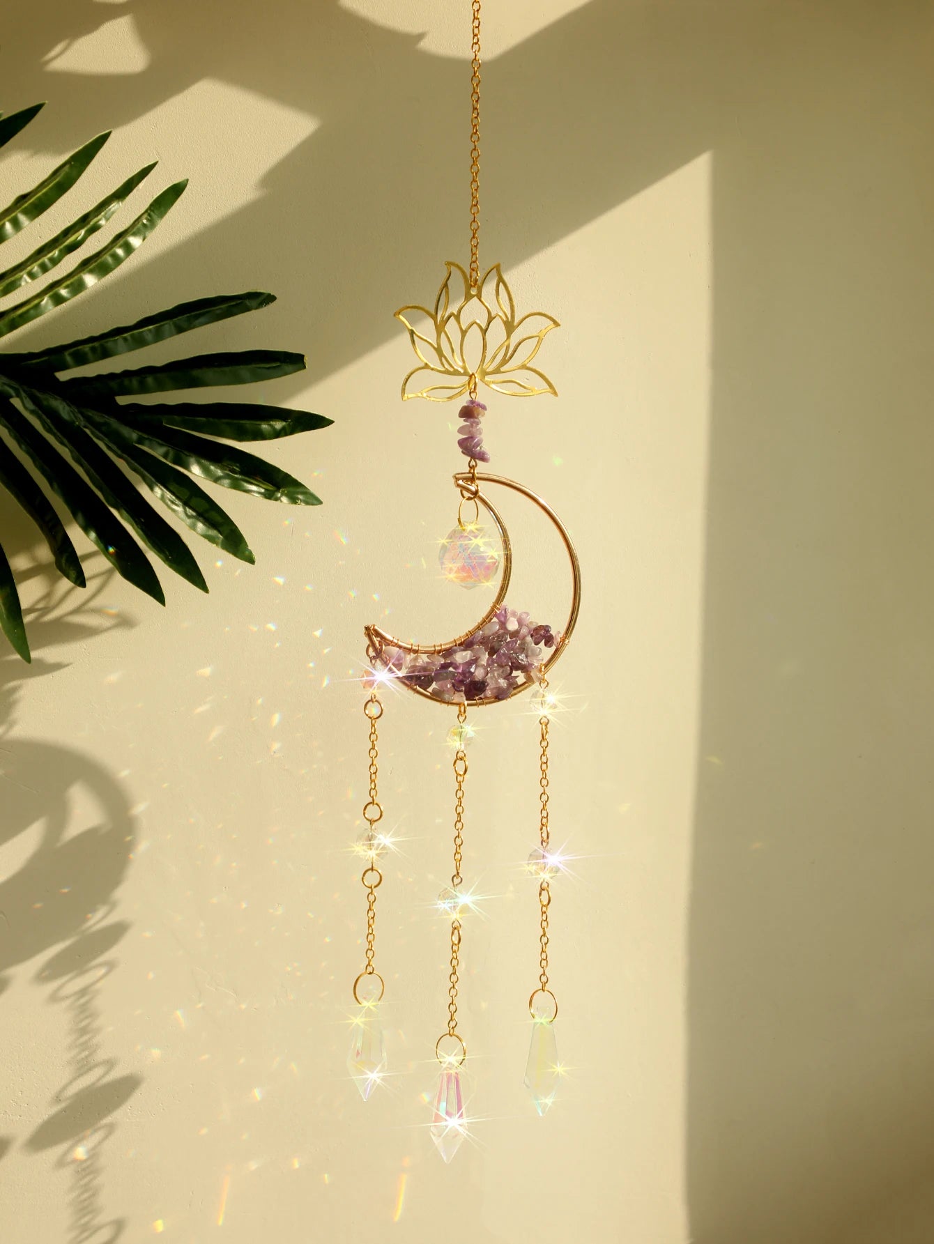 Natural Moon Crystal Suncatcher Ornament With Colorful Prism Pendant For Garden Patio Porch Balcony Window Home Decoration Gift