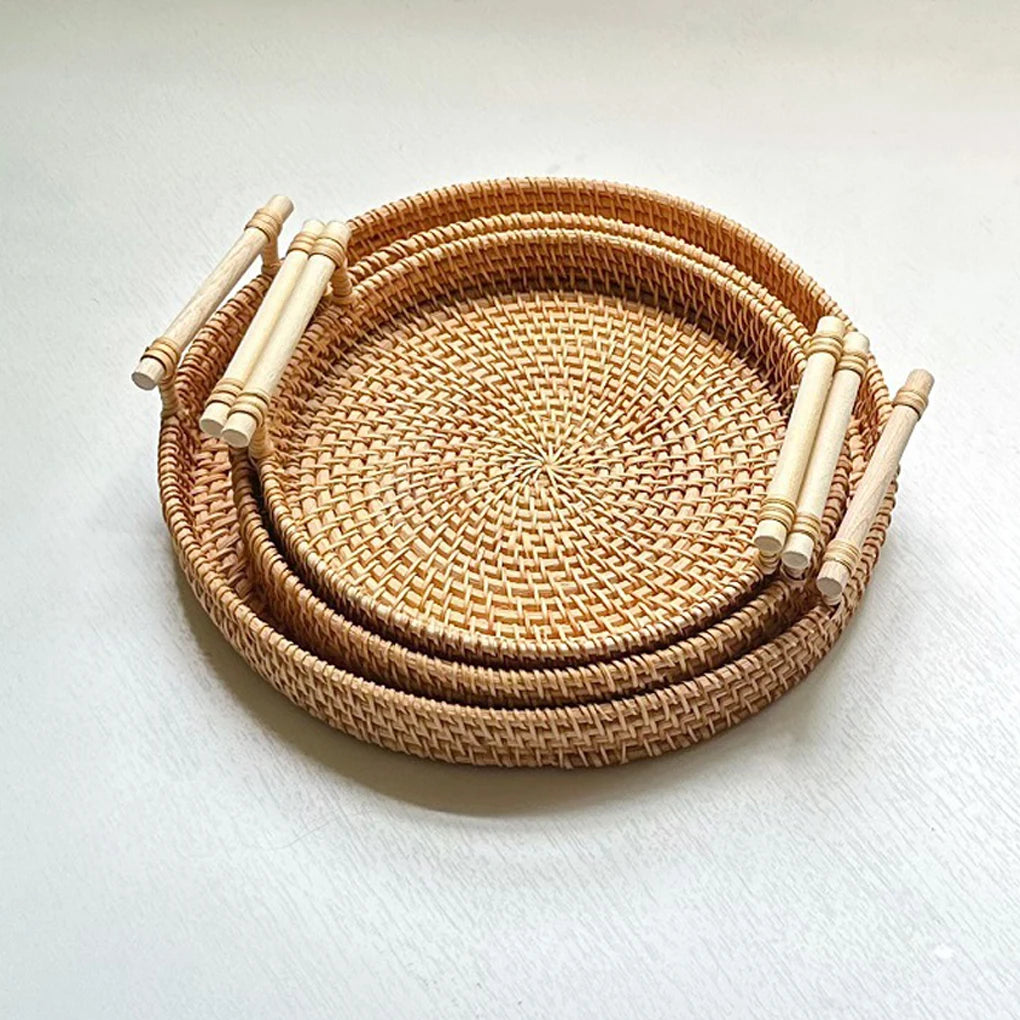 1PC Woven Rattan Storage Basket with Strap Handle round Tray for Bread Snacks Fruits Picnic - Home Organization Basket