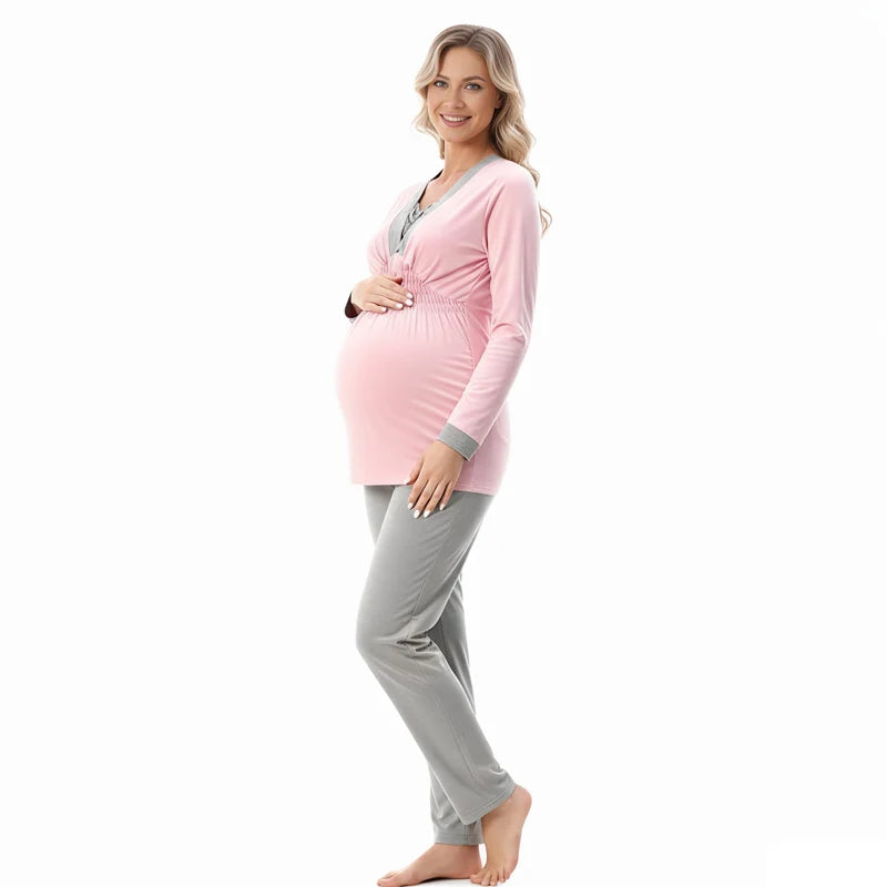 Maternity Clothes Pajamas Postpartum Breastfeeding Nightgown Spring Autumn Sleepwear For Pregnant Women Homewear Set 2PCS