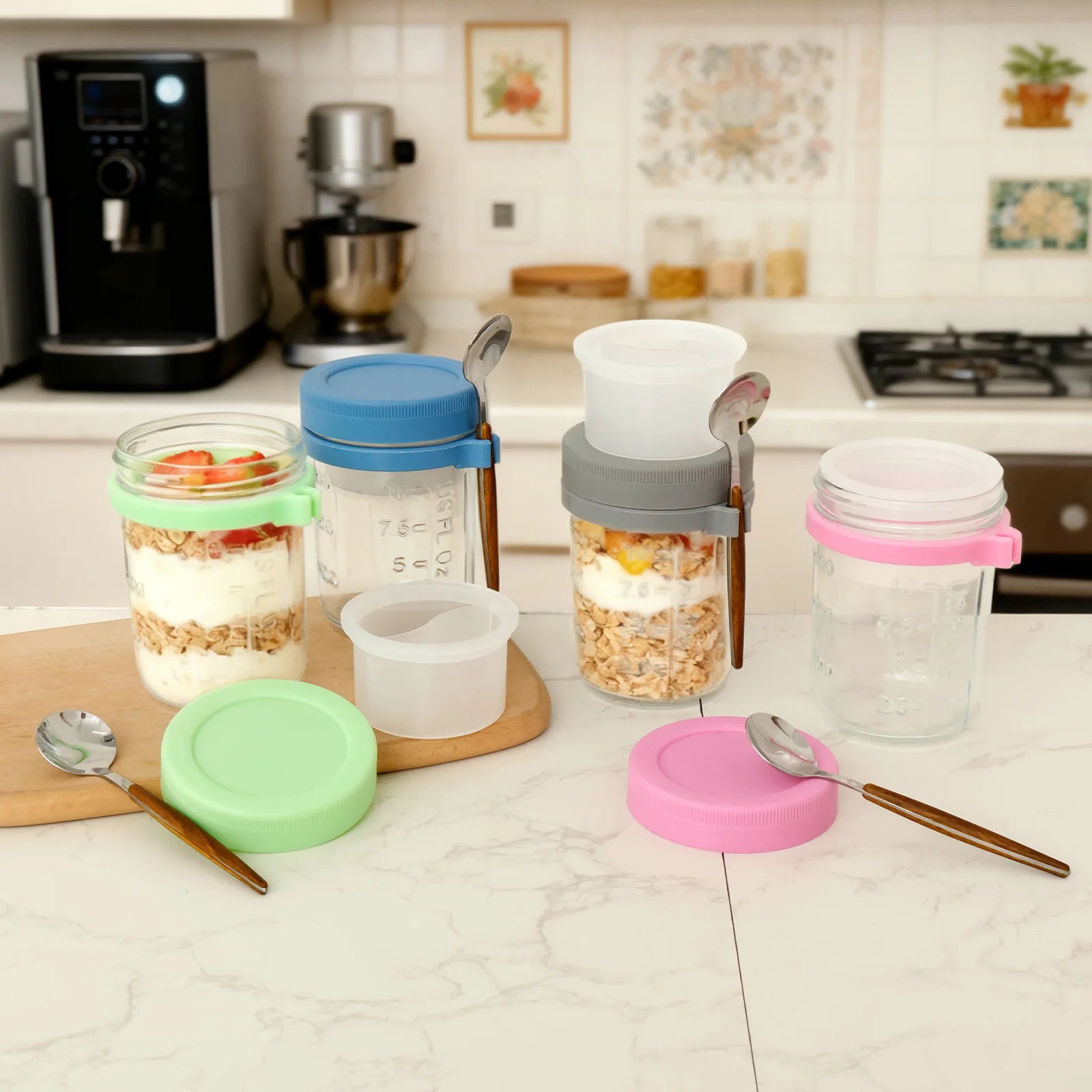 4Pcs Overnight Oats Container Clear Airtight Glass Jar with Lid and Spoon Portable Cereal Breakfast Cups Food Storage Box
