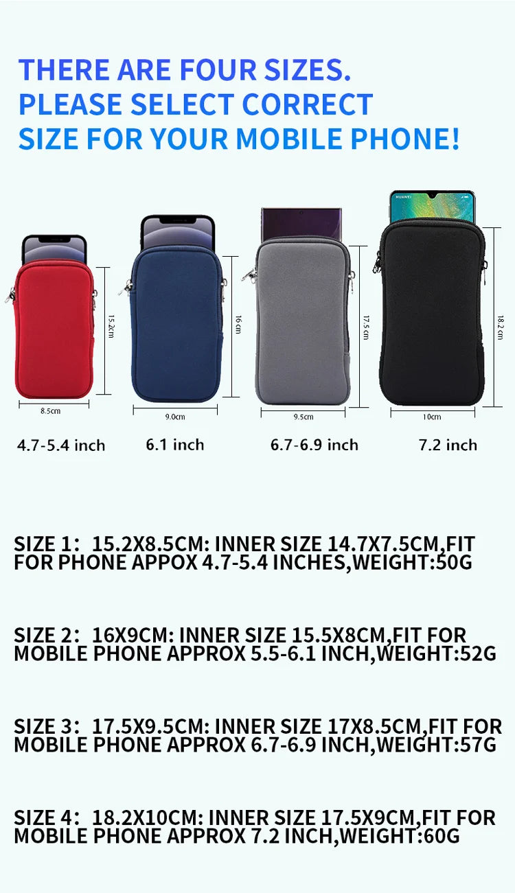 Universal Neoprene Zipper 4.7-7.2inch Mobile Phone Bag For iPhone Samsung Xiaomi Huawei Shockproof Cellphone Storage Bag