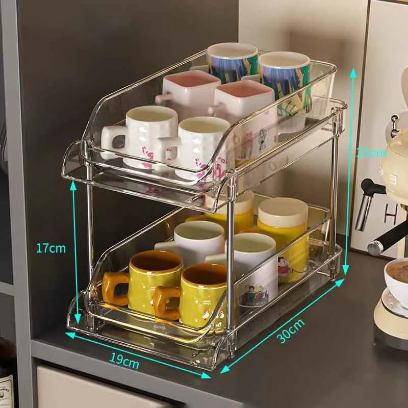 Cup Storage Rack Kitchen Cabinet Bar Double Tea Set Mug Holder Multifunctional Sundry Organization Countertop Pull Out Shelf