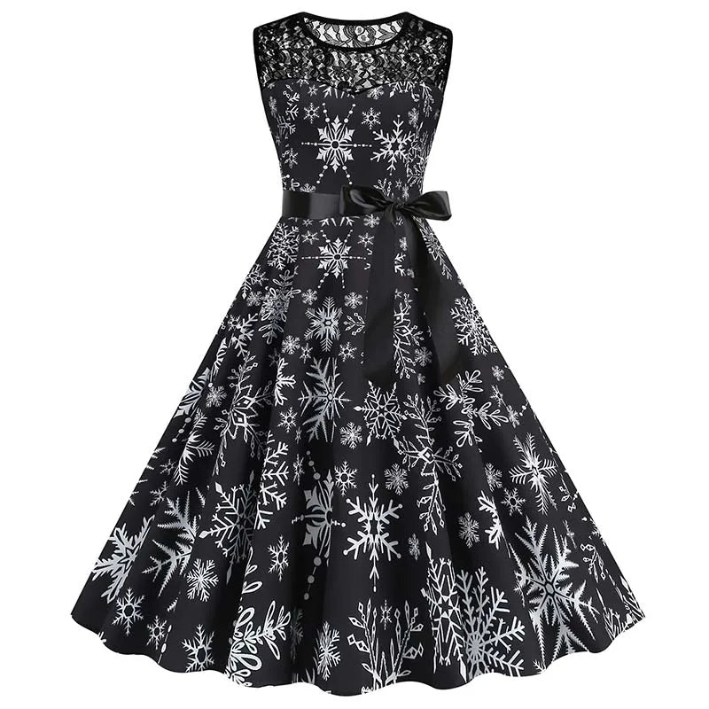 Christmas Dress Women Vintage 50s Lace Sleeveless Print Party A Line Santa Claus Sundress Runway Midi Pinup Flare Dresses