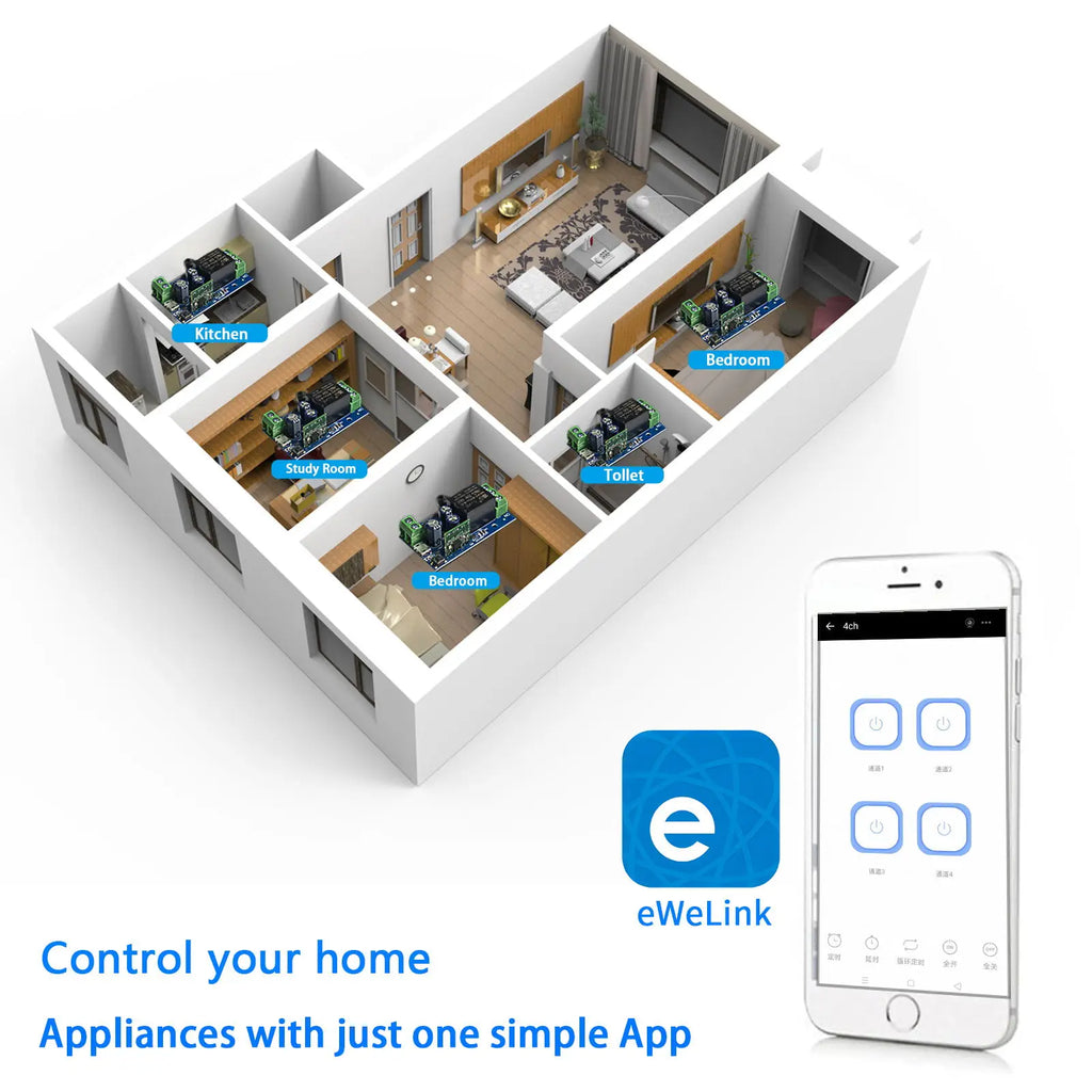 QIACHIP WiFi Smart Switch 10A DC 7-48V USB 5V 2 CH 2.4G RC with eWelink app Suitable for Curtain Motors Garage Doors LED Lights