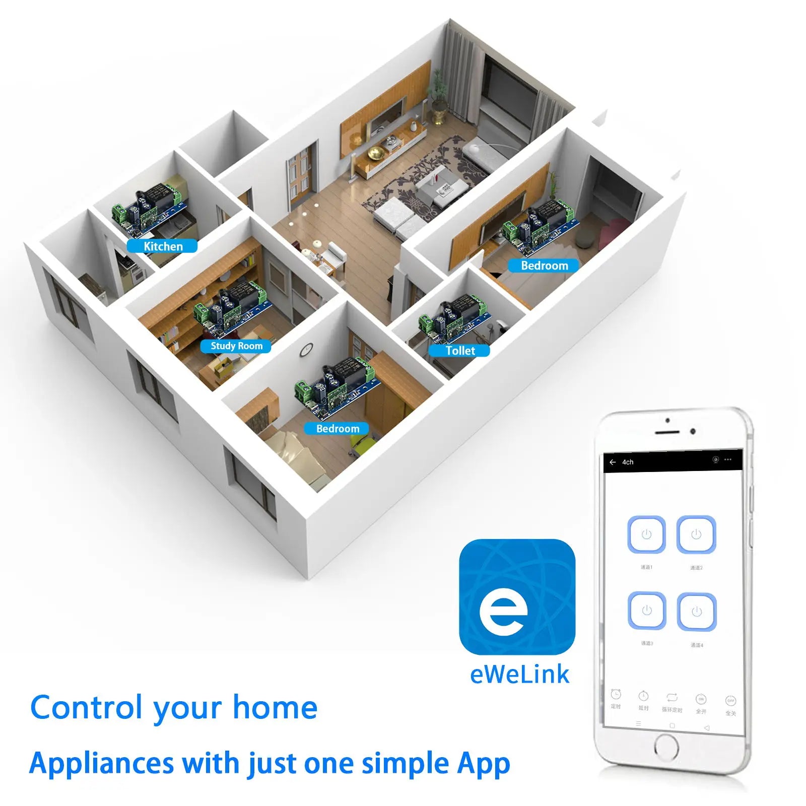 QIACHIP WiFi Smart Switch 10A DC 7-48V USB 5V 2 CH 2.4G RC with eWelink app Suitable for Curtain Motors Garage Doors LED Lights