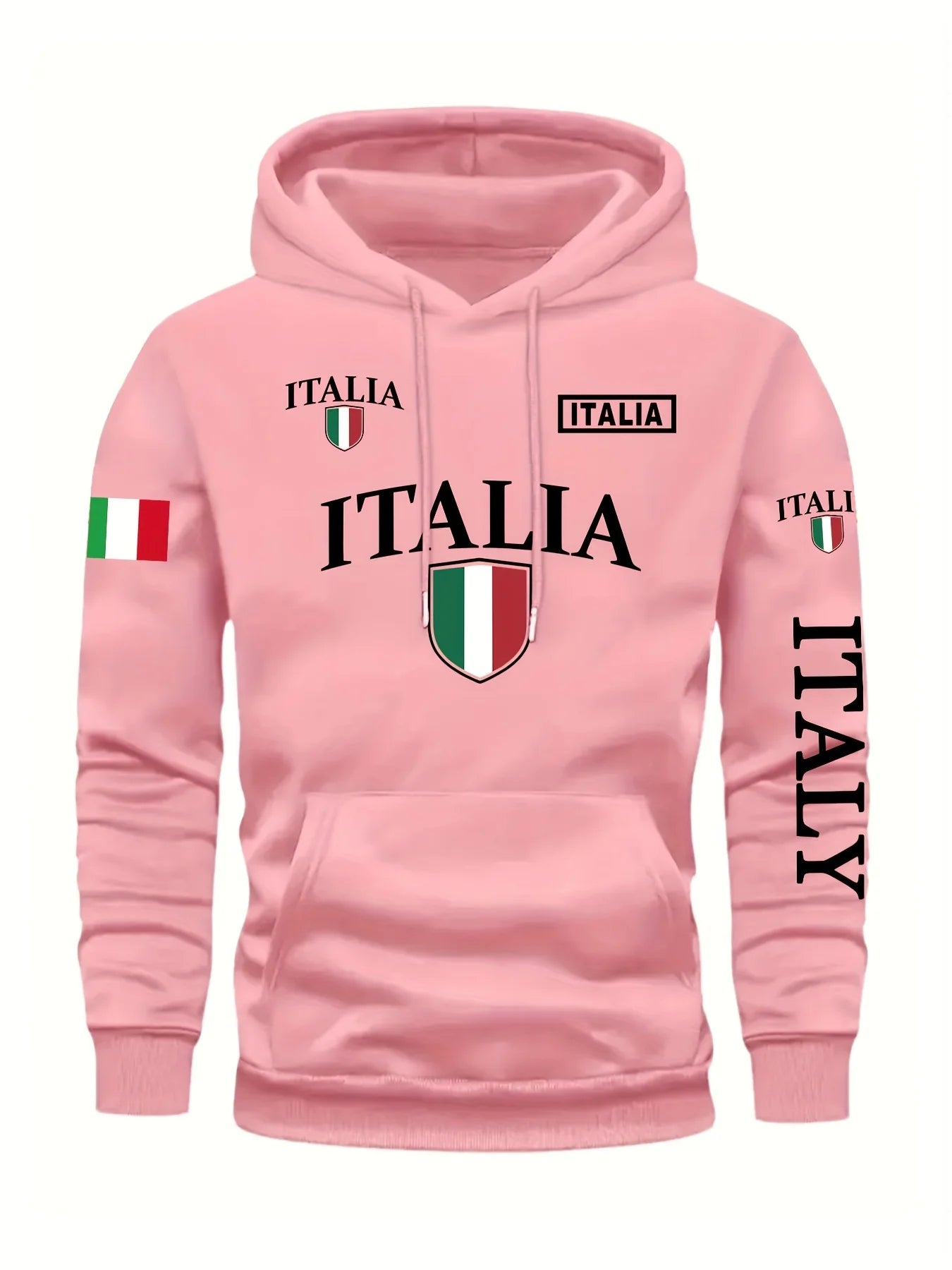 Men's Italy Flag Shield Bold ITALY Letter Print Hoodie Grey Casual Pullover Front Pocket Ribbed Cuffs Comfort Fit Urban Fashion