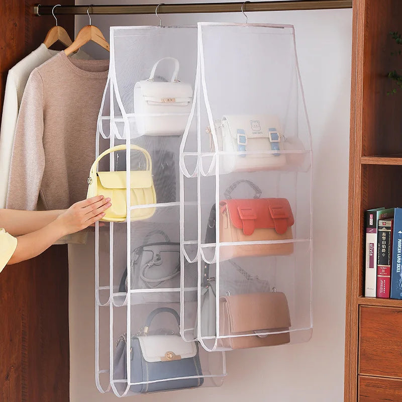 Double-Sided Hanging Bag Storage with Six Layers Transparent Bedroom Closet Organizer Dust Bag for Home Organization