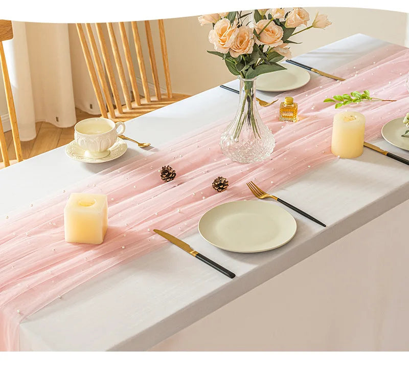 Pink Gauze Table Runner Romantic Pearl Mesh Tablecloth Wedding Dinning Table Cover Decoration Birthday Baby Shower Party Decor