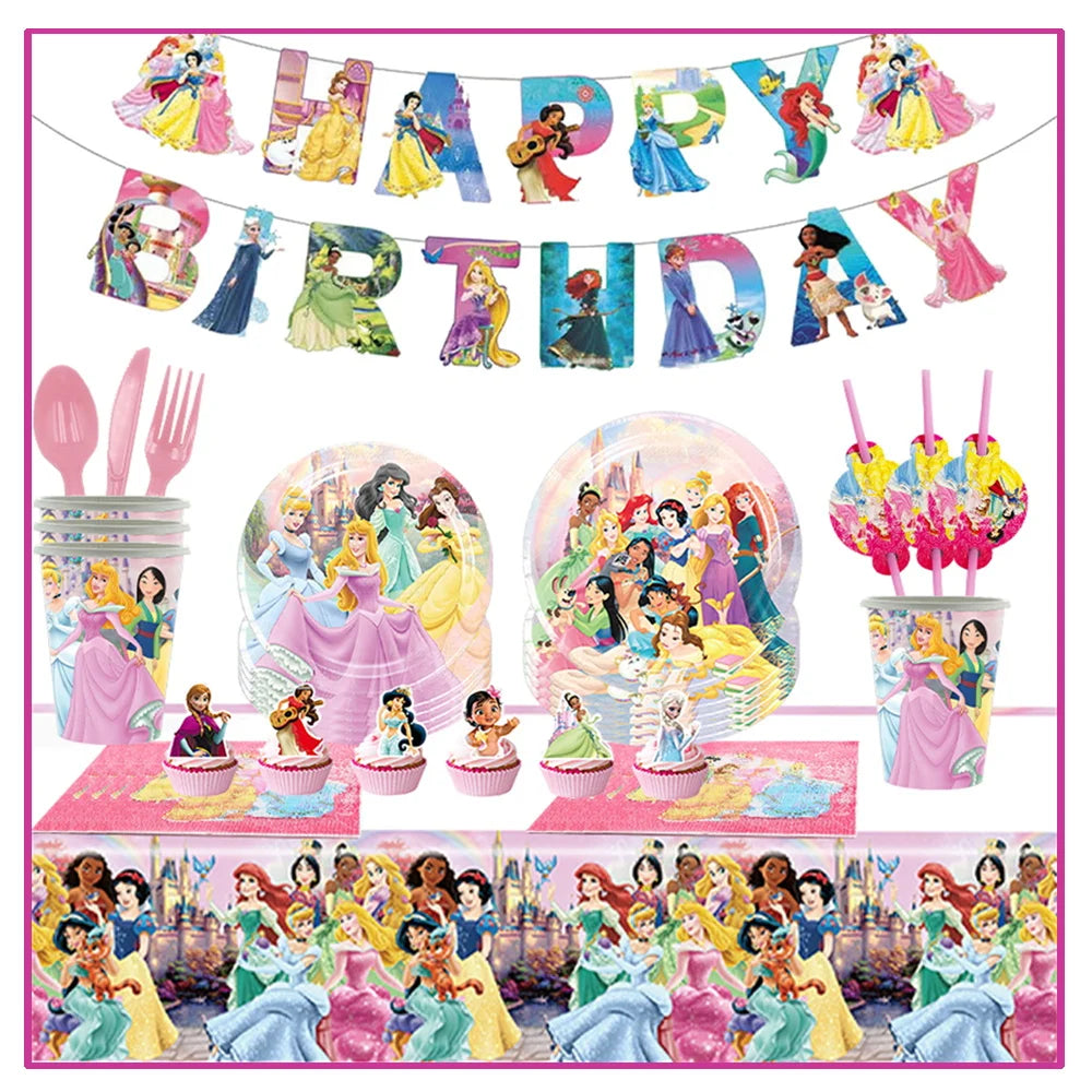 Disney Princess Birthday Party Decorations Girls Child Deco Disney Princess Birthday Plate Napkins Cups Tableware Supplies Setup