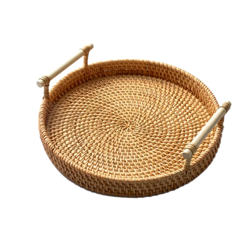1PC Woven Rattan Storage Basket with Strap Handle round Tray for Bread Snacks Fruits Picnic - Home Organization Basket