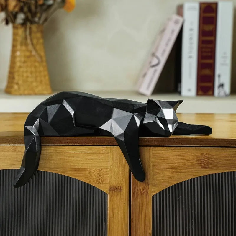 Black White Cat Statue - Geometric Modern Room Decor Figurine Sculpture for Home Office as Table Shelf Desk Decor  Lying Cat