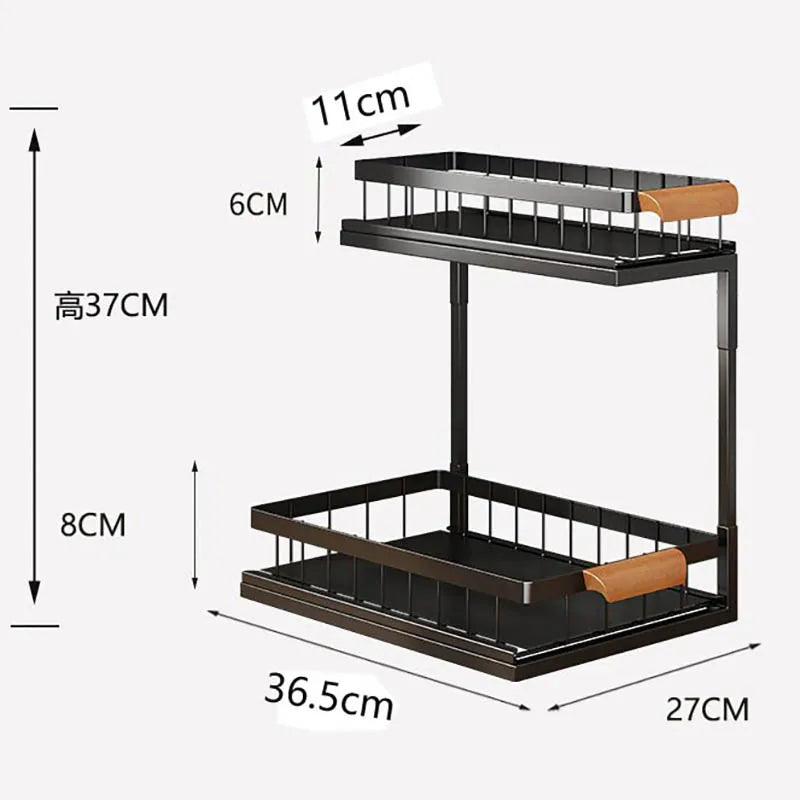 2 Tier Under Sink Organizer Sliding Cabinet Basket Organizer Storage Rack with Hooks Hanging Cup Bathroom Kitchen Organizer