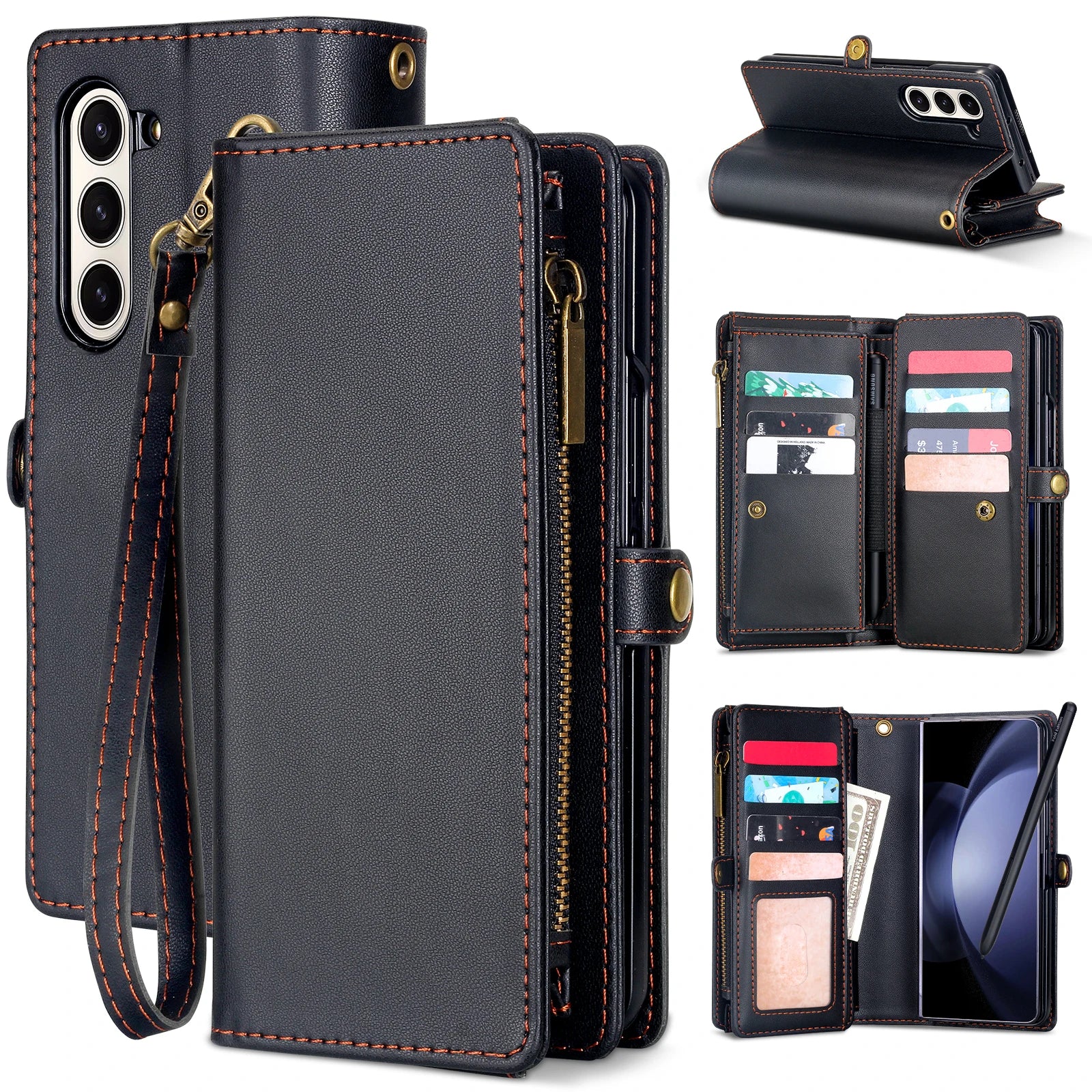 Multifunctional Leather Case for Samsung Galaxy Z Fold 5 4 3 Fold5 Fold4 Fold3 5G Phone Bags Cover Pen&Card Slots Wallet Holster
