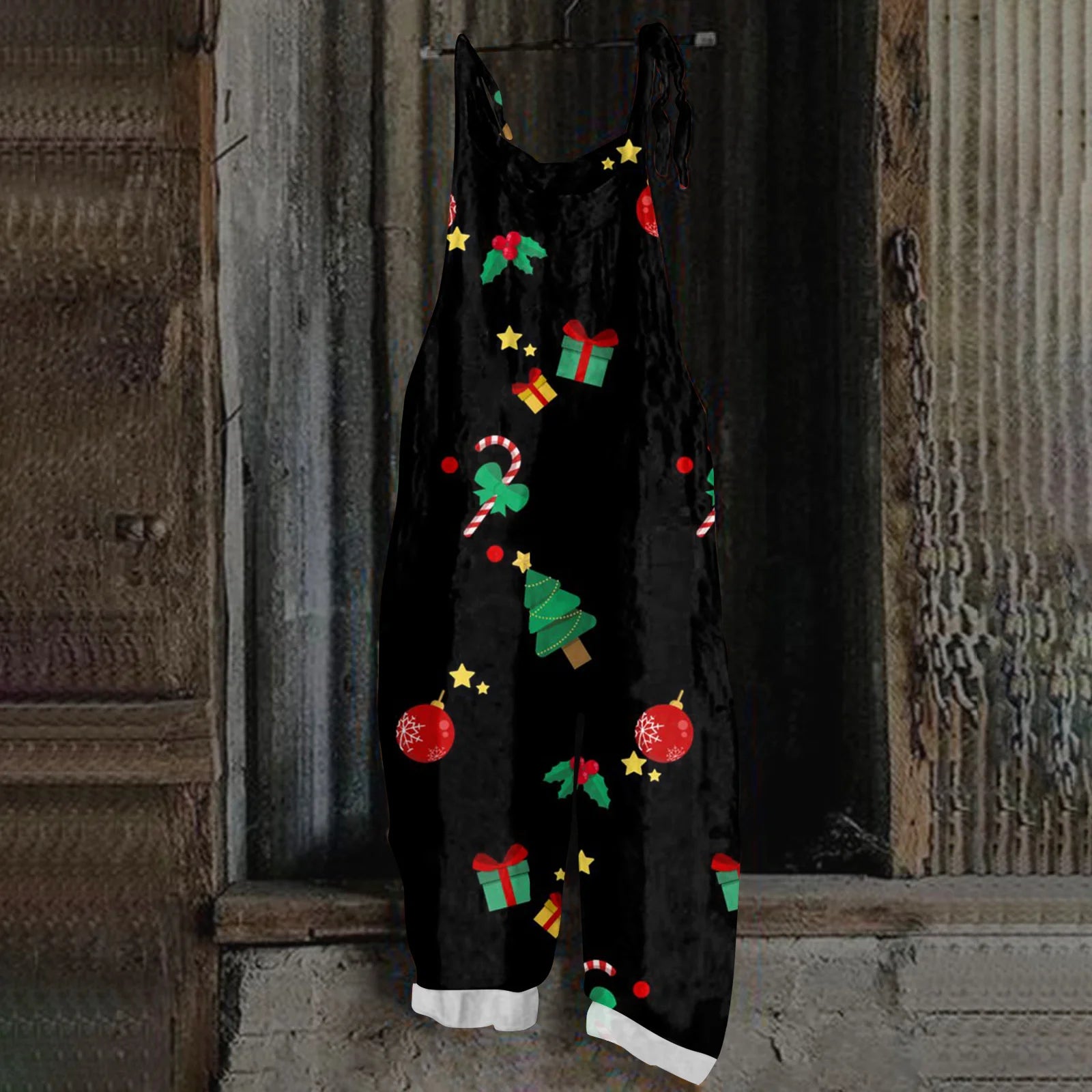 2025 Women's Fashion Christmas Printed Casual Loose Vintage Strappy Jumpsuit Retro Festival Pants New Year Themed Clothing