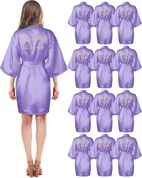12 Pcs Women's Birthday Party Robes Gold Glitter Queen Squad Kimono Silky Nightgown Satin Bathrobes Dressing Gown