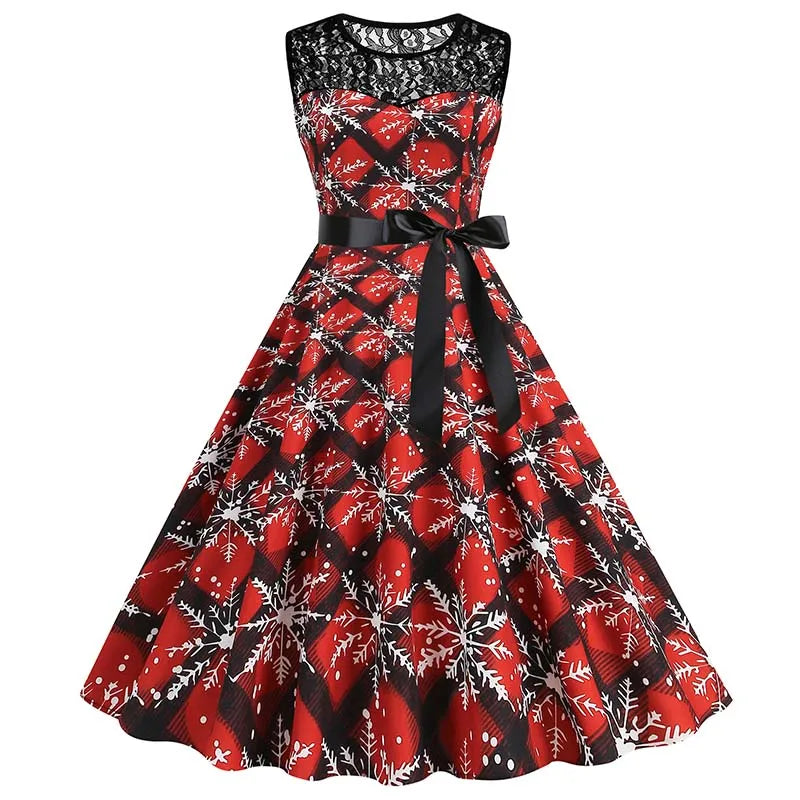 Christmas Dress Women Vintage 50s Lace Sleeveless Print Party A Line Santa Claus Sundress Runway Midi Pinup Flare Dresses