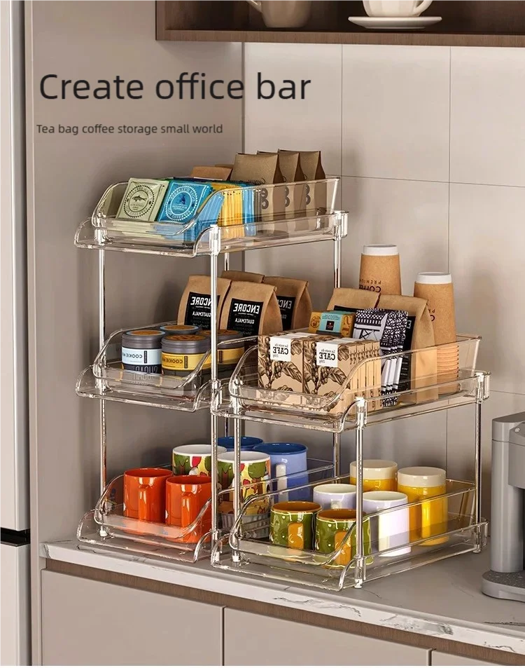 Cup Storage Rack Kitchen Cabinet Bar Double Tea Set Mug Holder Multifunctional Sundry Organization Countertop Pull Out Shelf