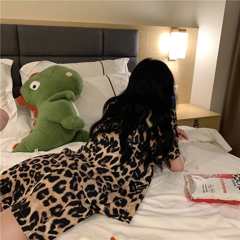 Women's Sleepwear Loungewear Set Short-Sleeved Shorts Pajamas Homewear Cardigan Lapel Leopard Print Sweet Cartoon Nightwear