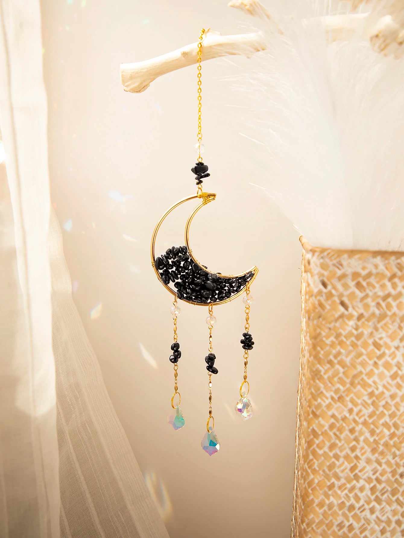 Natural Moon Crystal Suncatcher Ornament With Colorful Prism Pendant For Garden Patio Porch Balcony Window Home Decoration Gift