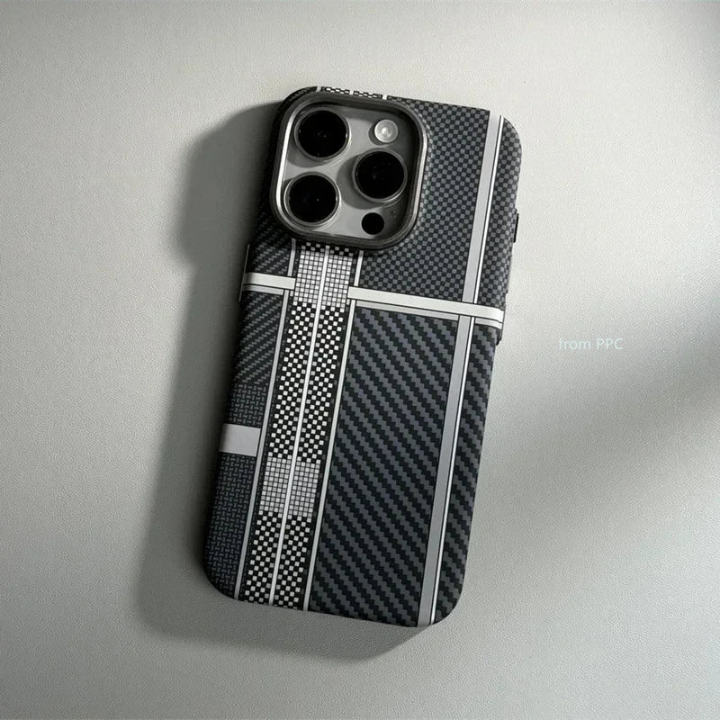 For iPhone 16 15 14 Pro Max Case Carbon Fiber Abstract Geometric MagSafe Cover Magnetic Charging Shell Camera Alloy Armor Fundas