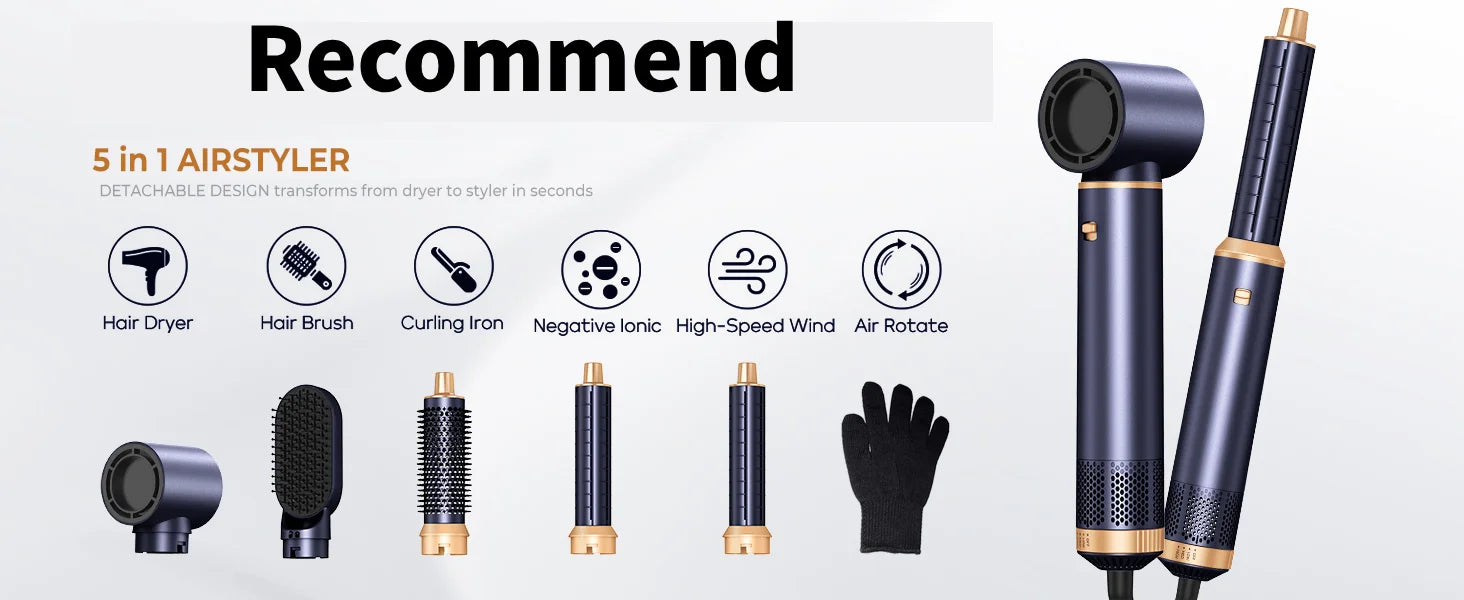 5 in 1 Hair Curlers Set with Curling Brush, 0.35”-1.25” Hair Curler Wand for Hairstyle and Heat Resistant Gloves and Hair Clip