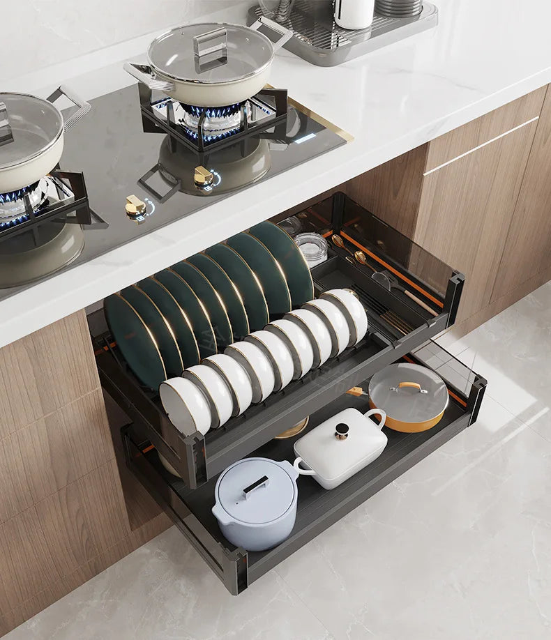 Kitchen Basket Cabinet Basket Thickened Aluminum Alloy Double Drawer Storage Dish Rack Cabinet Kitchen Cabinet Storage Basket